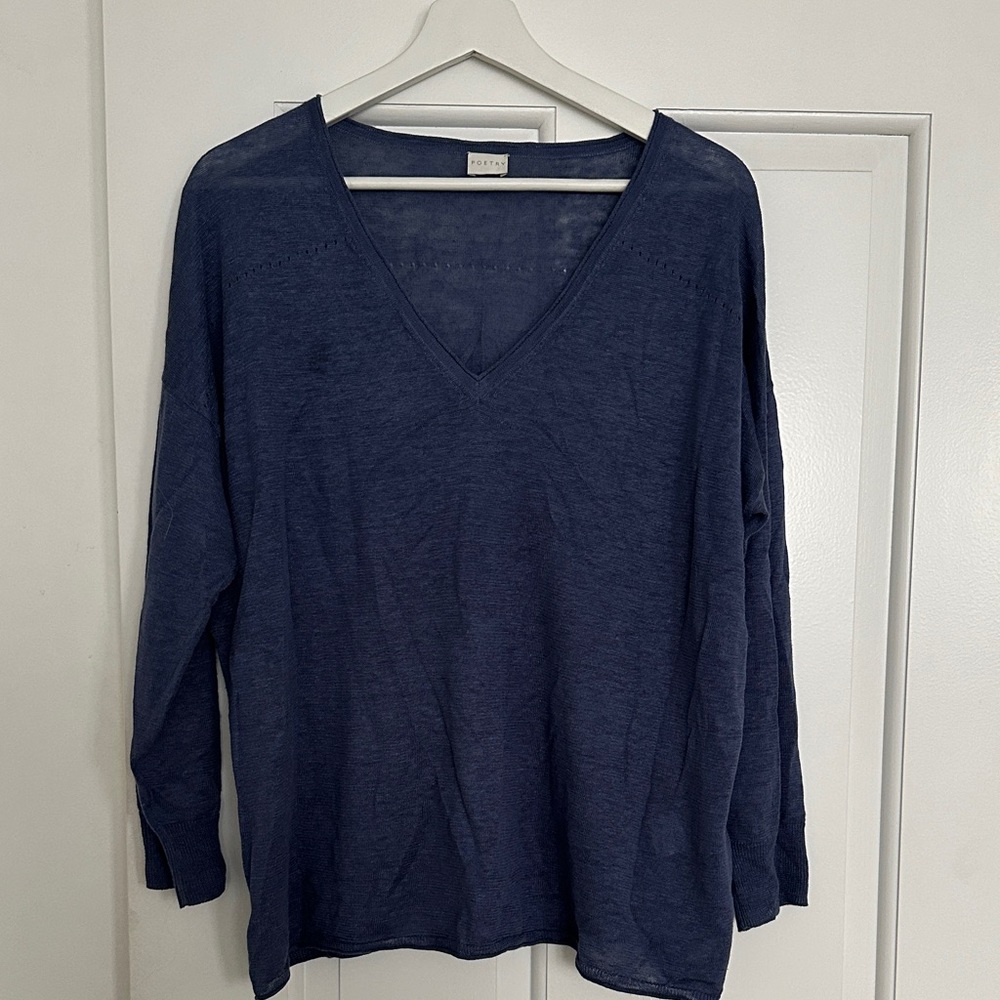 Poetry 100% Linen Blue Sheer Knit Top | Lightweight Oversized Size L XL